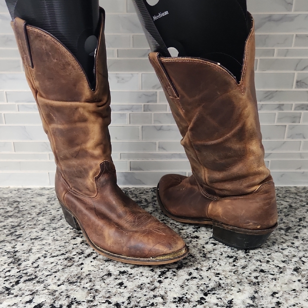 Vintage Brown Leather Metal Toe Cowboy Boots sz 12 soft supple broken-in Western